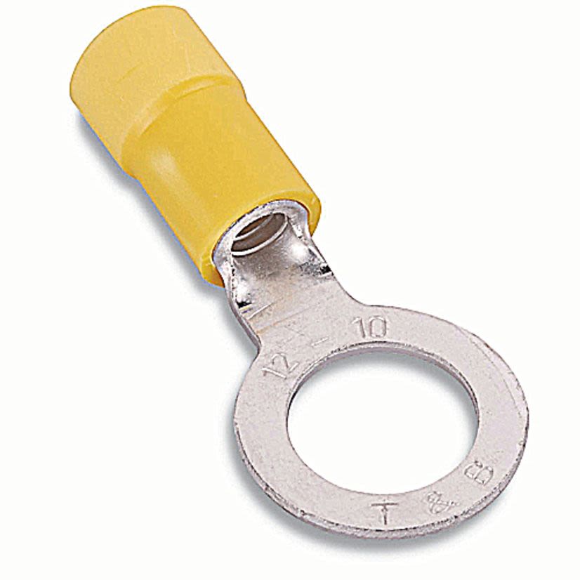 Sta-Kon 10RC-10X RC Series Expanded Insulated Ring Terminal, 12 to 10 AWG Conductor, 1.06 in L, Brazed Seam Barrel, Copper, Yellow